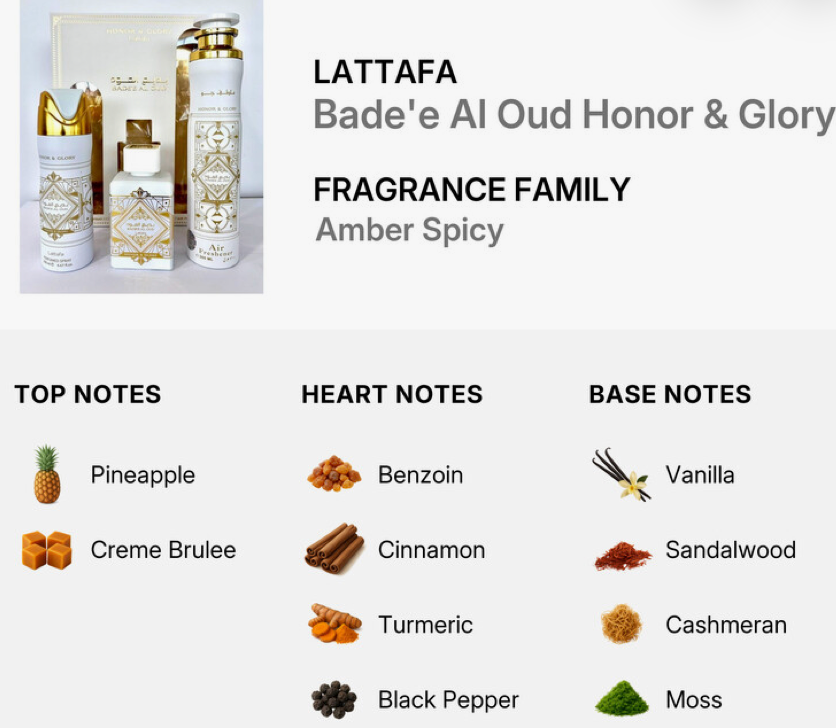 Honor and Glory Bade'e Al Oud Lattafa Set air fressher included